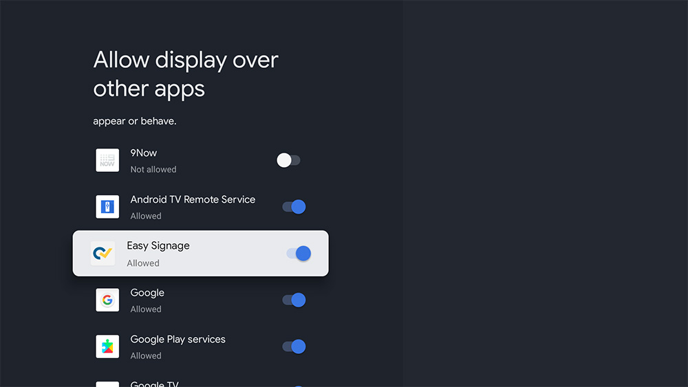 Android TV enable display over other apps